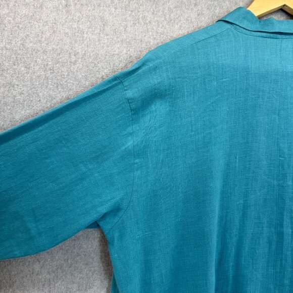 Itemz Chris Baumgartner One Size Button-Up Shirt Aqua Blue Linen Asymmetric Hem - Picture 8 of 12